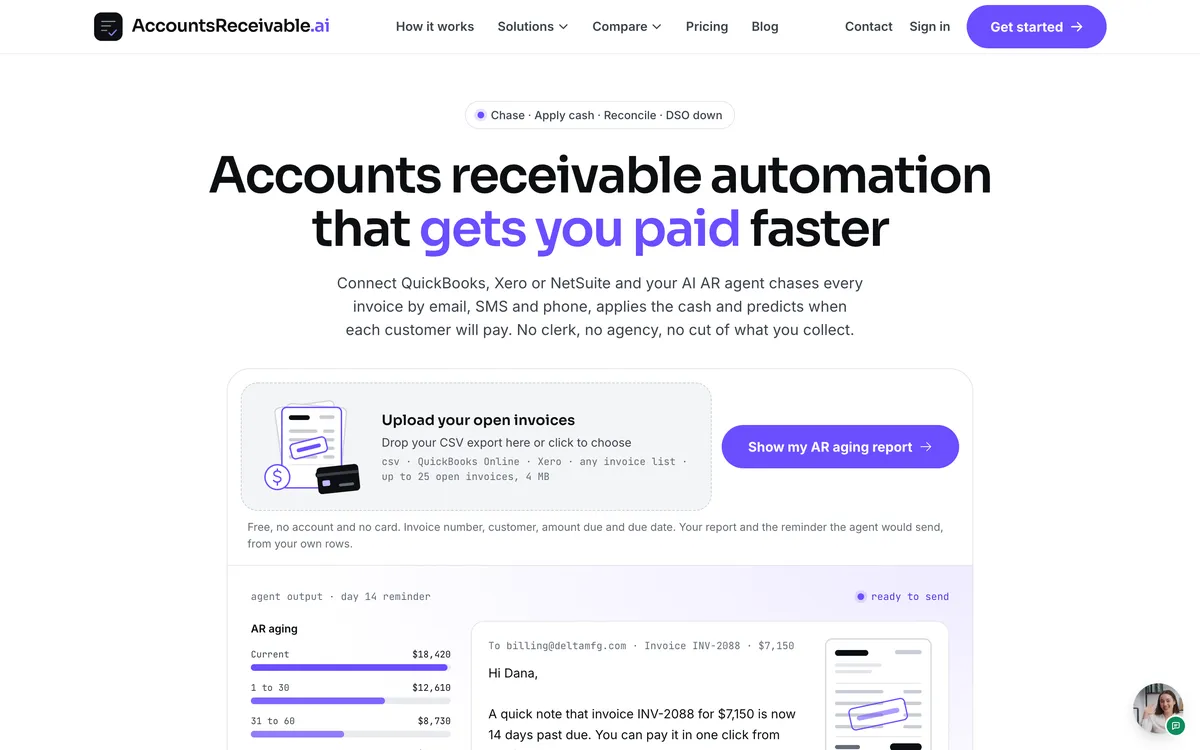 AccountsReceivable.ai homepage headline, accounts receivable automation that gets you paid faster, above a line about connecting QuickBooks, Xero or NetSuite and an open-invoice upload box