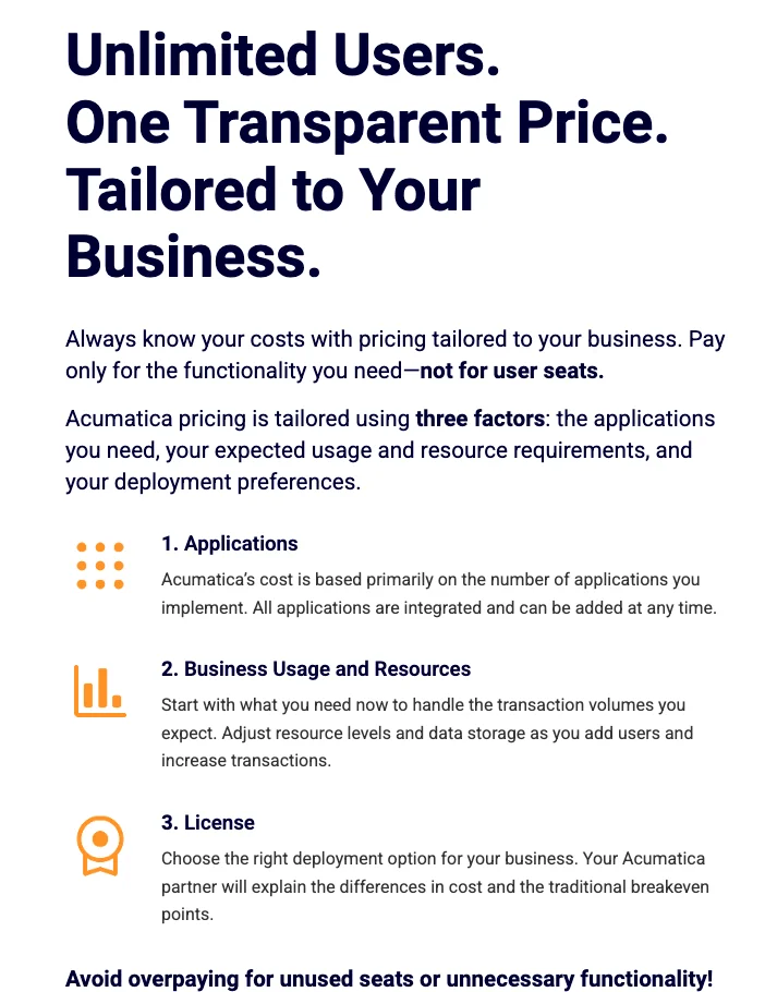 Acumatica pricing page explaining unlimited users and three pricing factors: applications, business usage and resources, and license