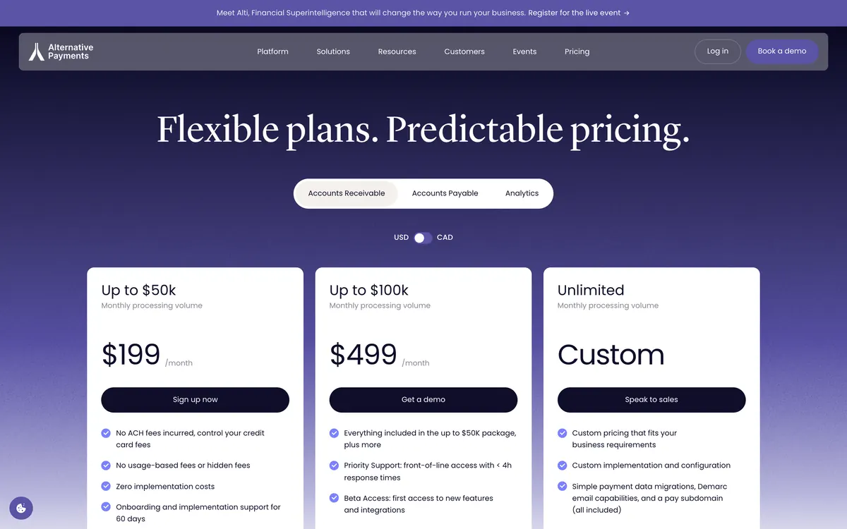 Alternative Payments accounts receivable pricing, showing $199 a month up to $50k monthly processing volume, $499 up to $100k and custom above that