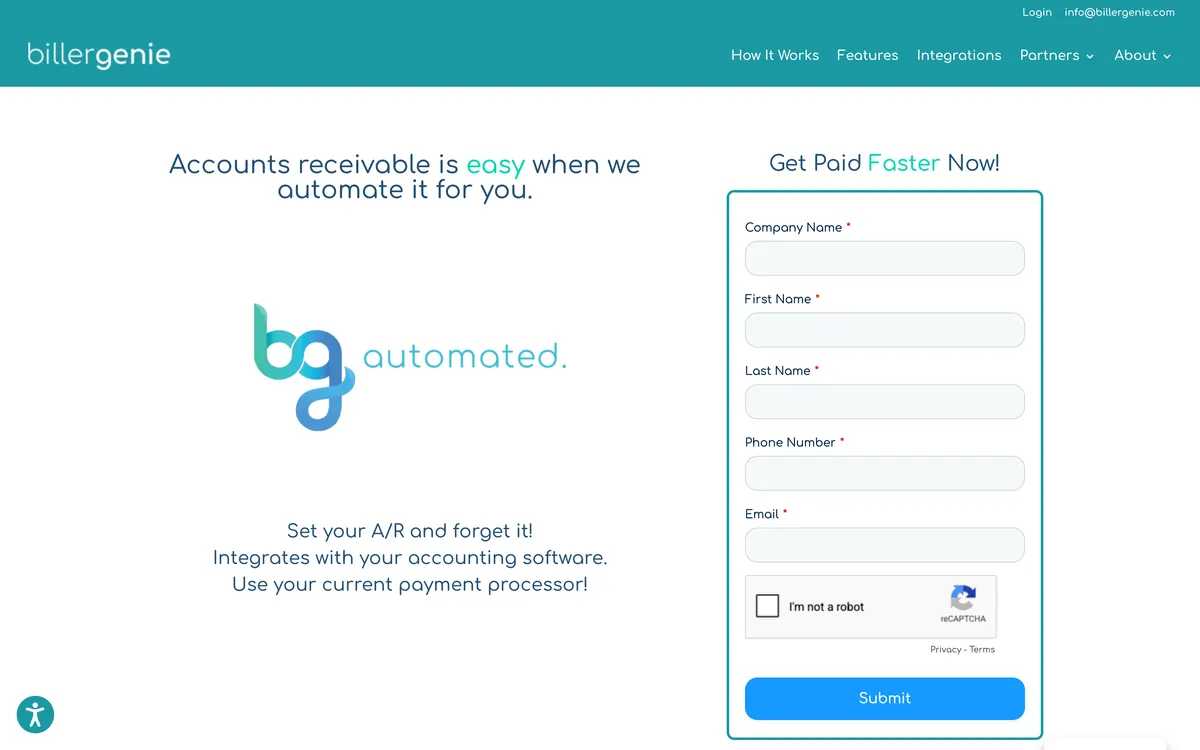 Biller Genie homepage headline, accounts receivable is easy when we automate it for you, beside a sign-up form