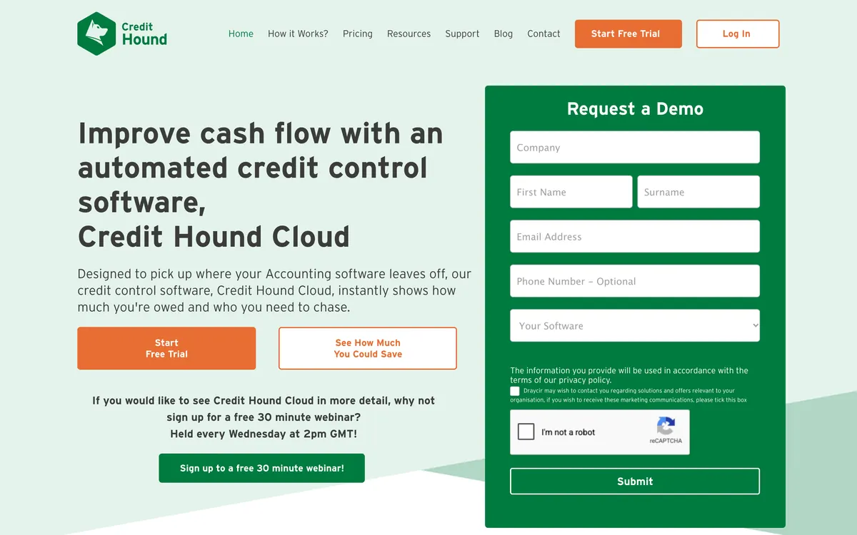 Credit Hound Cloud homepage headline about improving cash flow with automated credit control software, beside a request a demo form