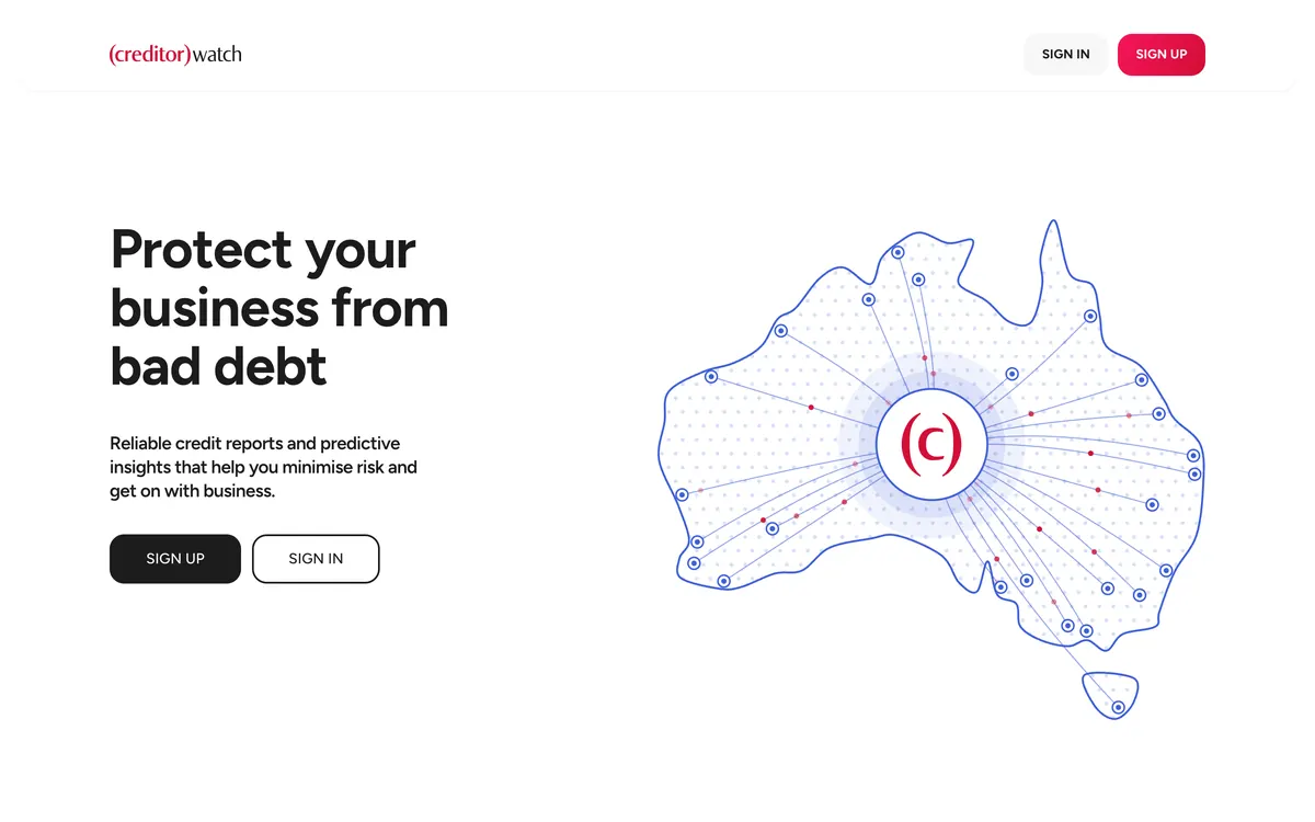 CreditorWatch homepage headline, protect your business from bad debt, beside a map of Australia
