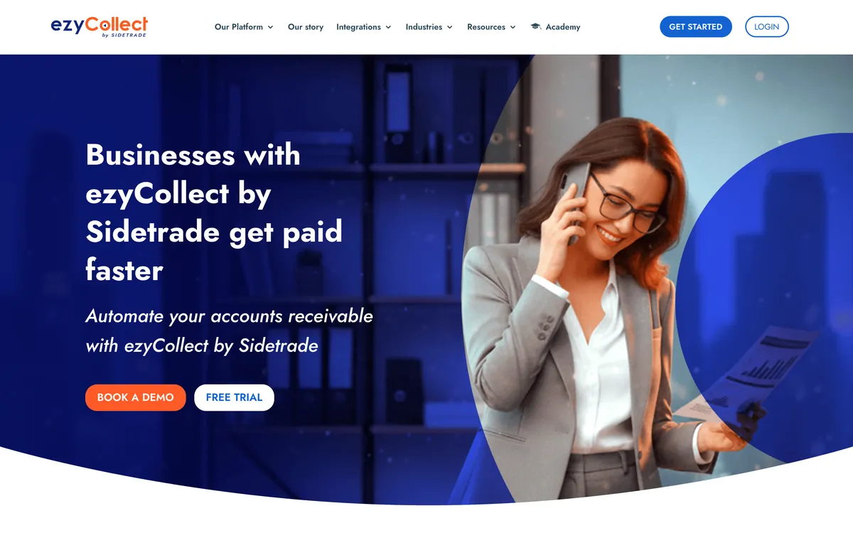 ezyCollect by Sidetrade homepage headline, businesses with ezyCollect get paid faster, with book a demo and free trial buttons