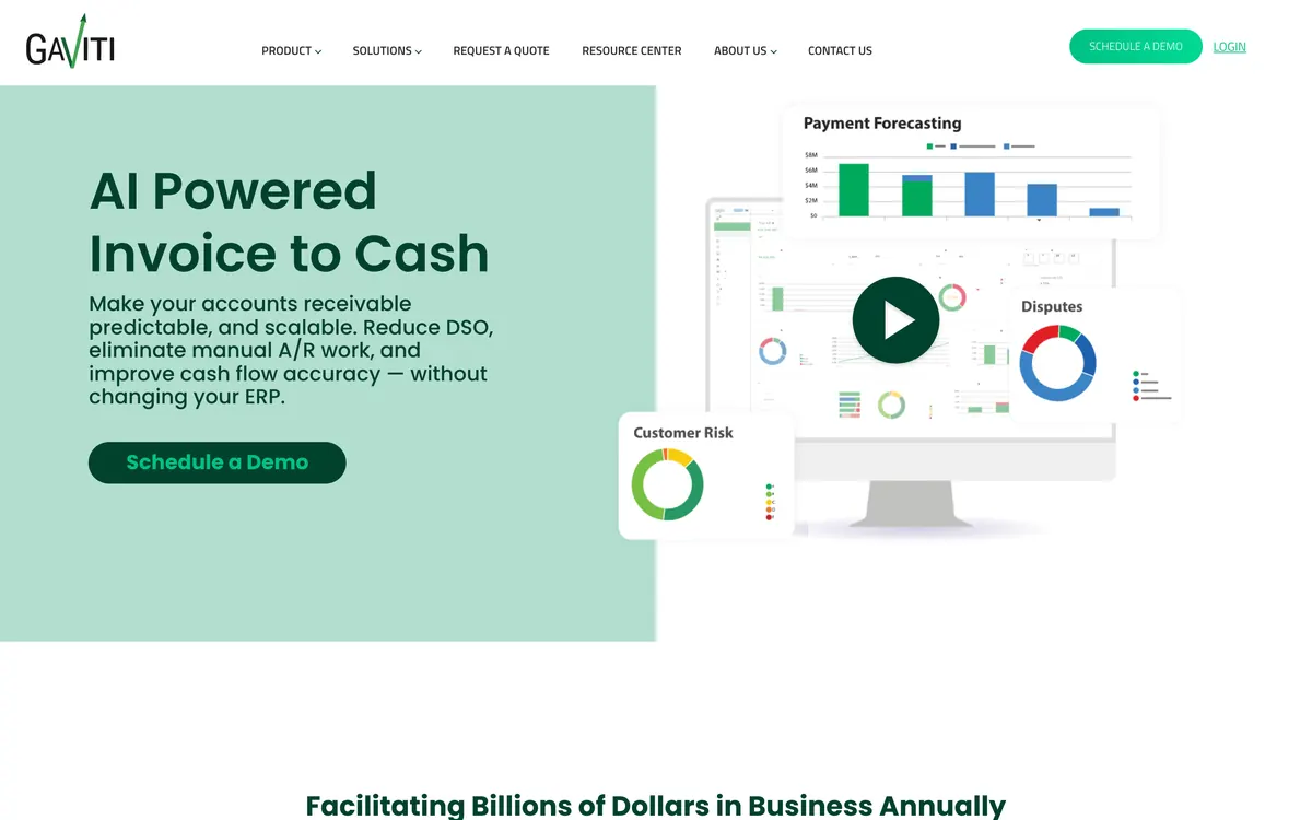 Gaviti homepage headline, AI powered invoice to cash, beside payment forecasting, disputes and customer risk charts