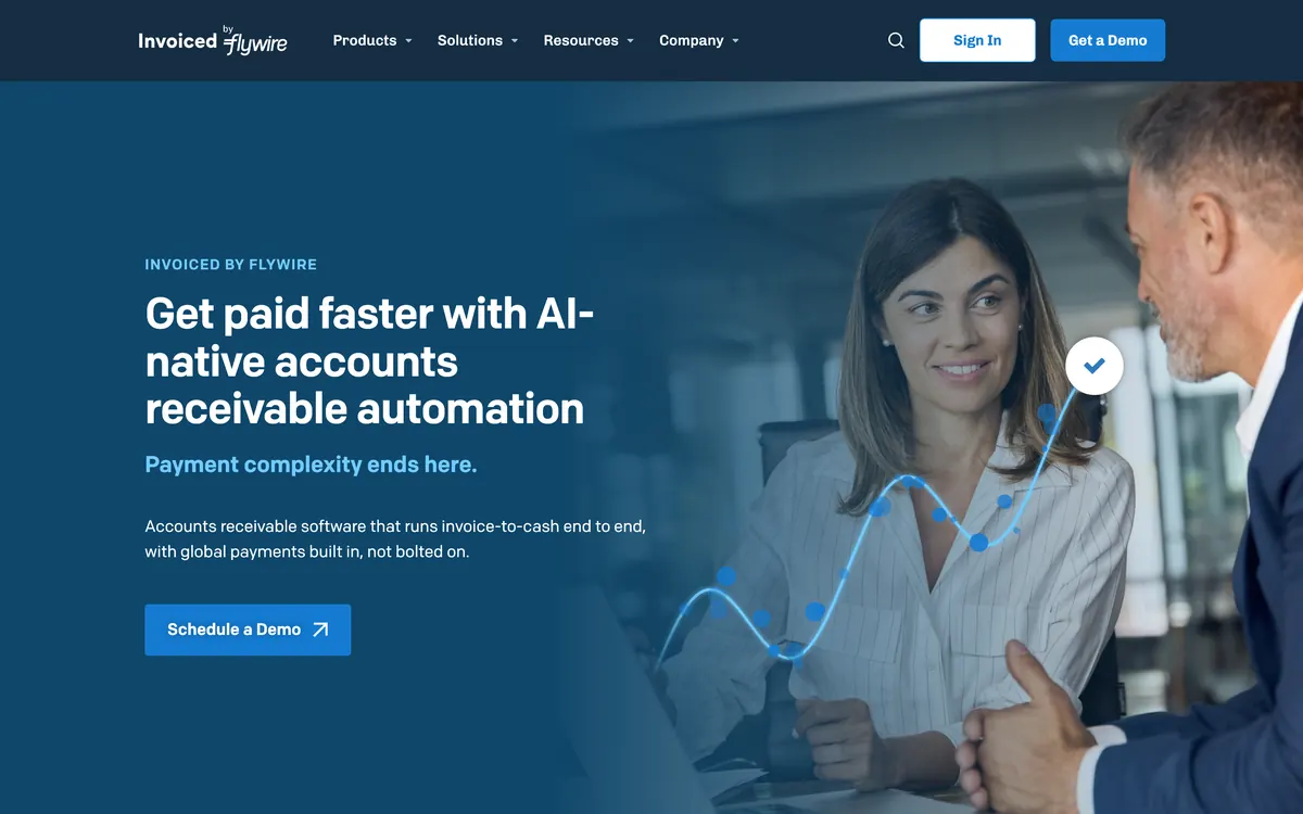 Invoiced by Flywire homepage headline, get paid faster with AI-native accounts receivable automation