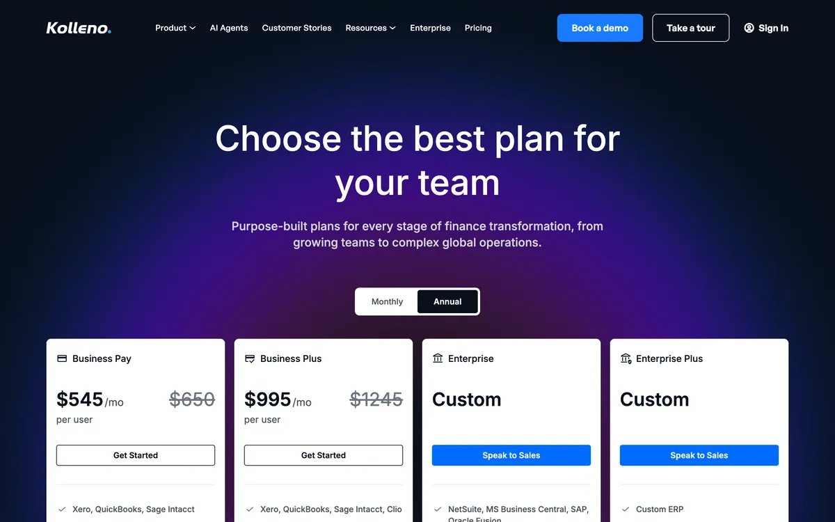 Kolleno pricing page on annual billing, showing Business Pay at $545 and Business Plus at $995 per user a month, with the monthly prices of $650 and $1,245 struck through, beside two custom Enterprise tiers