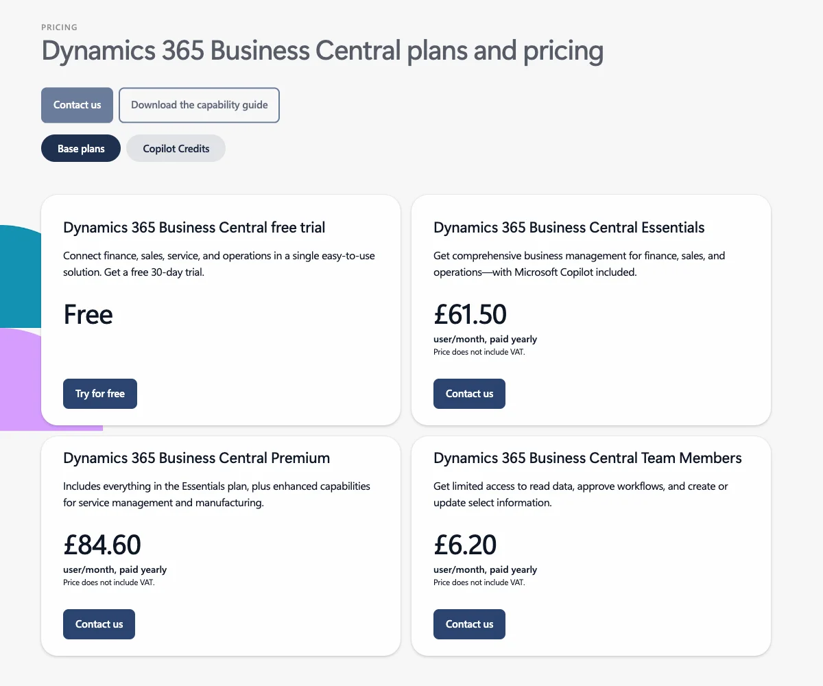 Microsoft pricing page for Dynamics 365 Business Central showing Essentials at $80.00, Premium at $110.00 and Team Members at $8.00 a user a month, paid yearly