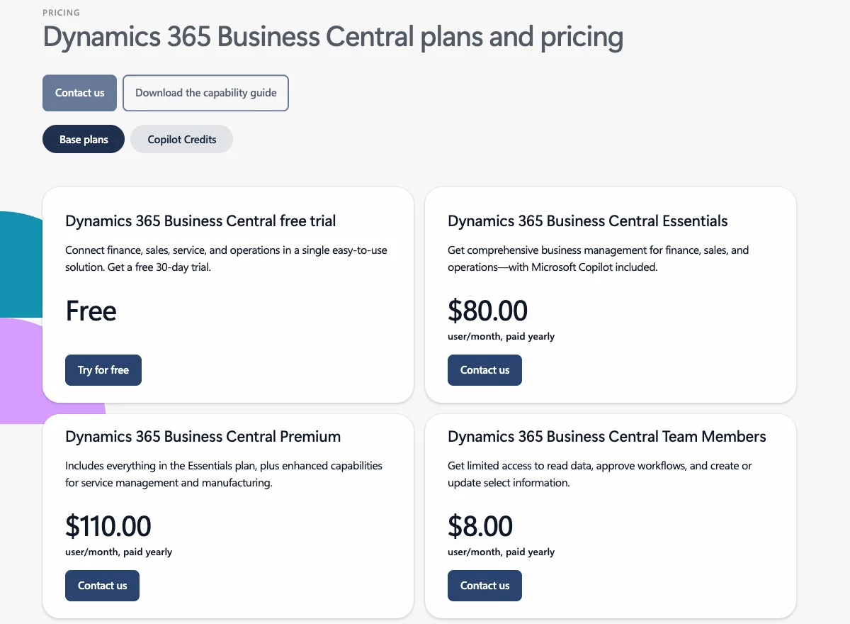 Microsoft pricing page for Dynamics 365 Business Central showing Essentials at $80.00, Premium at $110.00 and Team Members at $8.00 a user a month, paid yearly
