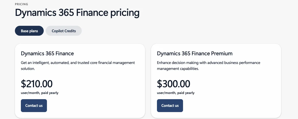Microsoft pricing page for Dynamics 365 Finance showing Finance at $210.00 and Finance Premium at $300.00 a user a month, paid yearly