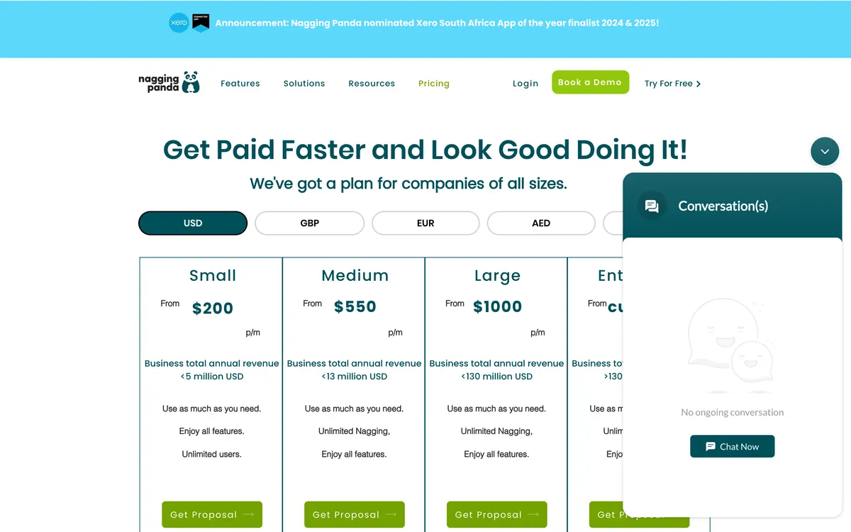 Nagging Panda pricing page in USD, showing Small from $200 a month, Medium from $550 and Large from $1000, set by annual revenue