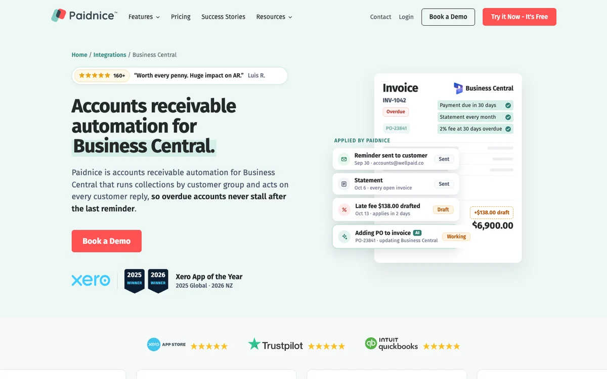 Paidnice Business Central page showing a Business Central invoice with a reminder, statement, drafted late fee and a PO added by AI