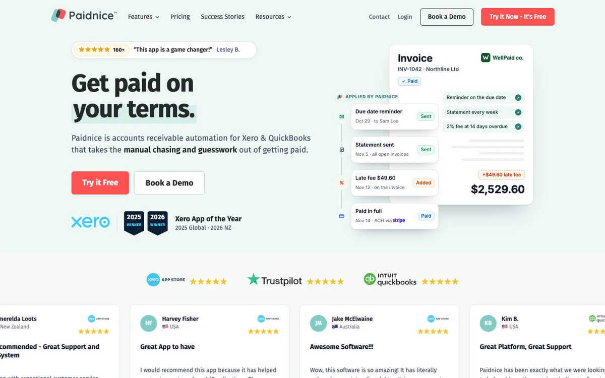 Paidnice homepage showing an invoice with a due date reminder, statement, late fee and payment applied by Paidnice