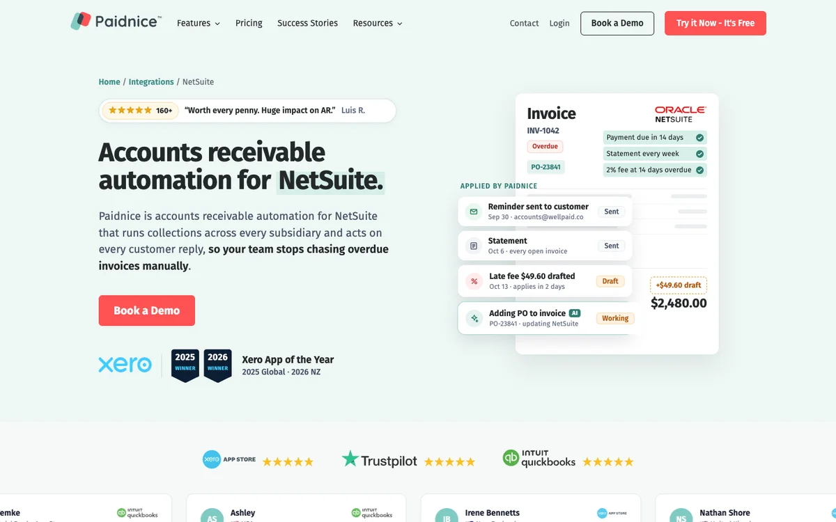 Paidnice NetSuite page showing a NetSuite invoice with a reminder, statement, drafted late fee and a PO added by AI