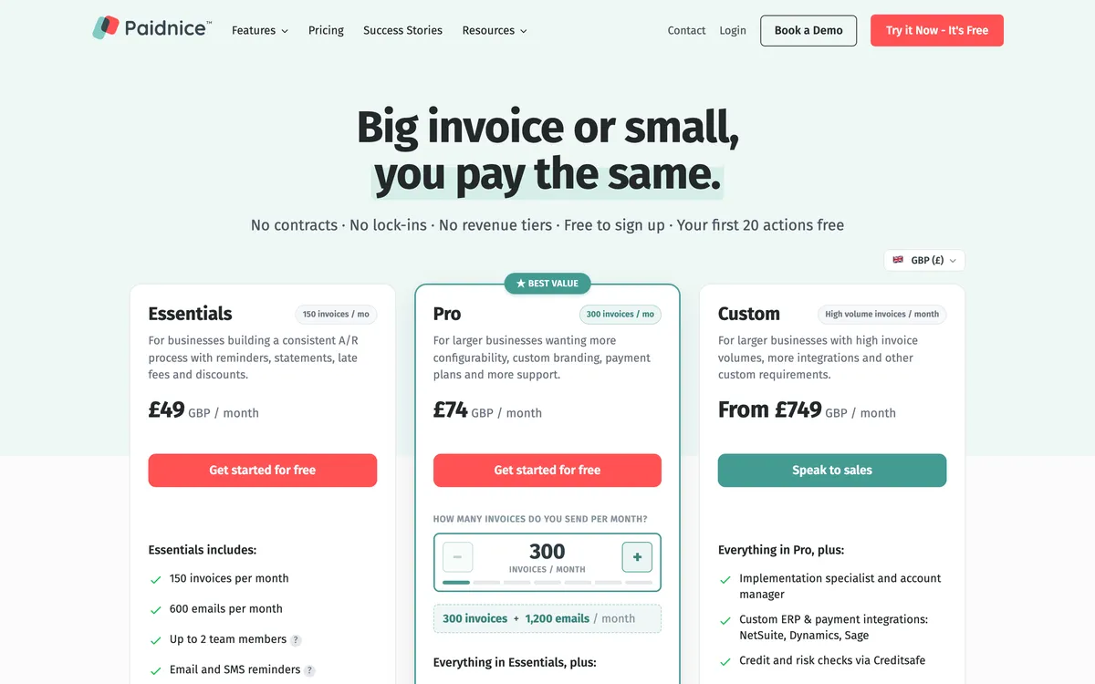 Paidnice pricing page showing Essentials at £49, Pro at £74 and Custom from £749 a month in GBP