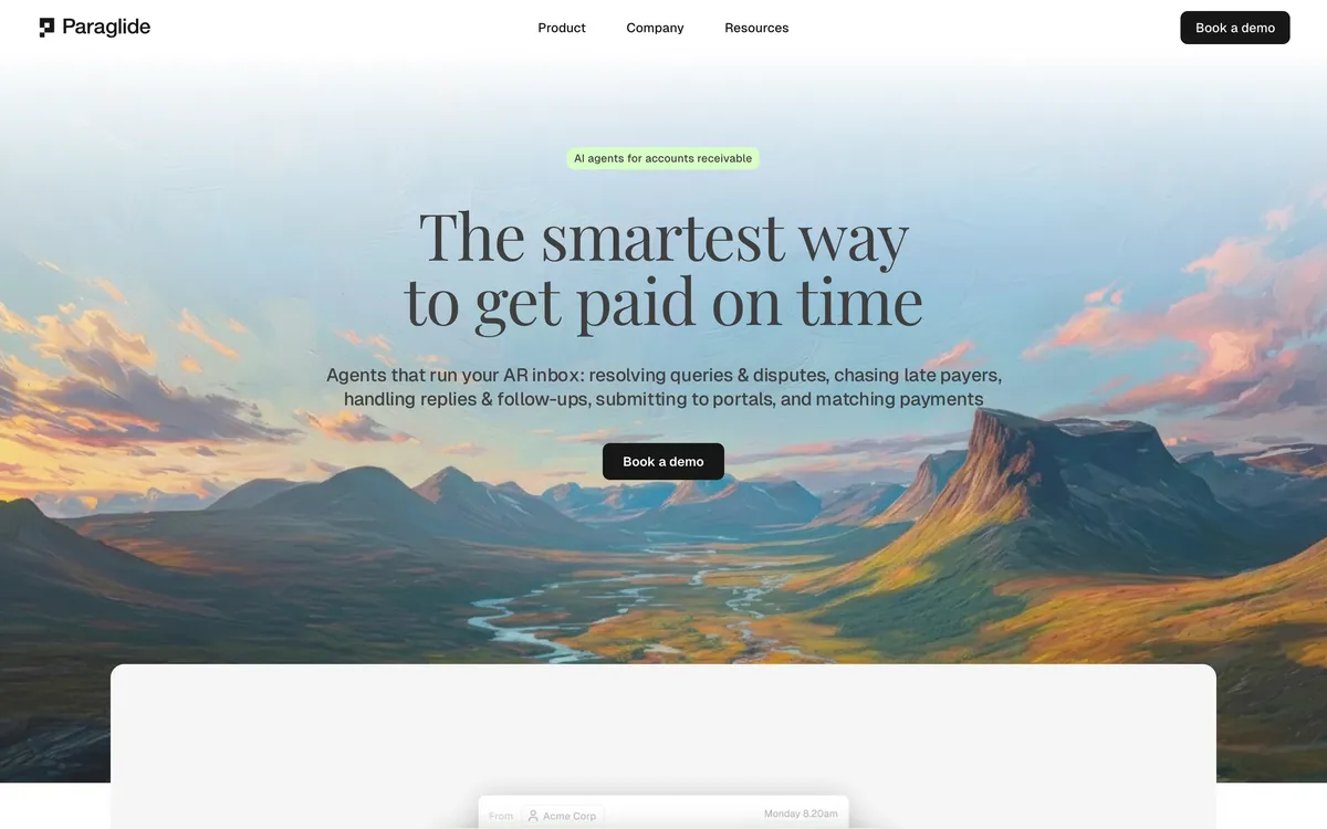 Paraglide homepage headline, the smartest way to get paid on time, above a line about agents that run your AR inbox and a book a demo button