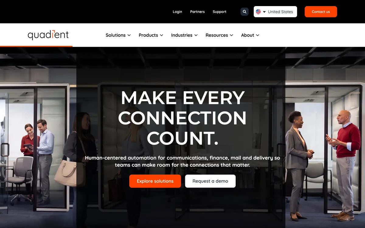 Quadient homepage headline, make every connection count, over a photo of people talking in an office