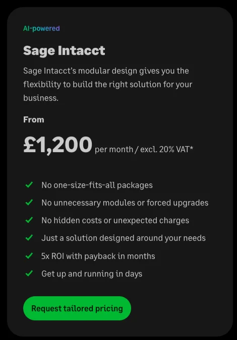 Sage UK pricing card for Sage Intacct showing From 1,200 pounds per month excluding 20% VAT