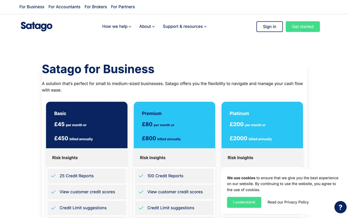 Satago for Business pricing page showing Basic at £45 a month, Premium at £80 and Platinum at £200, each with a credit report allowance