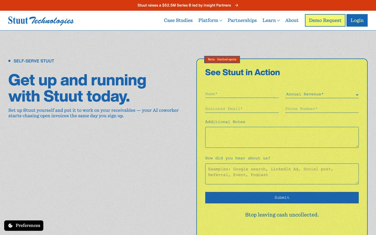 Stuut self-serve page headline, get up and running with Stuut today, beside a see Stuut in action demo form