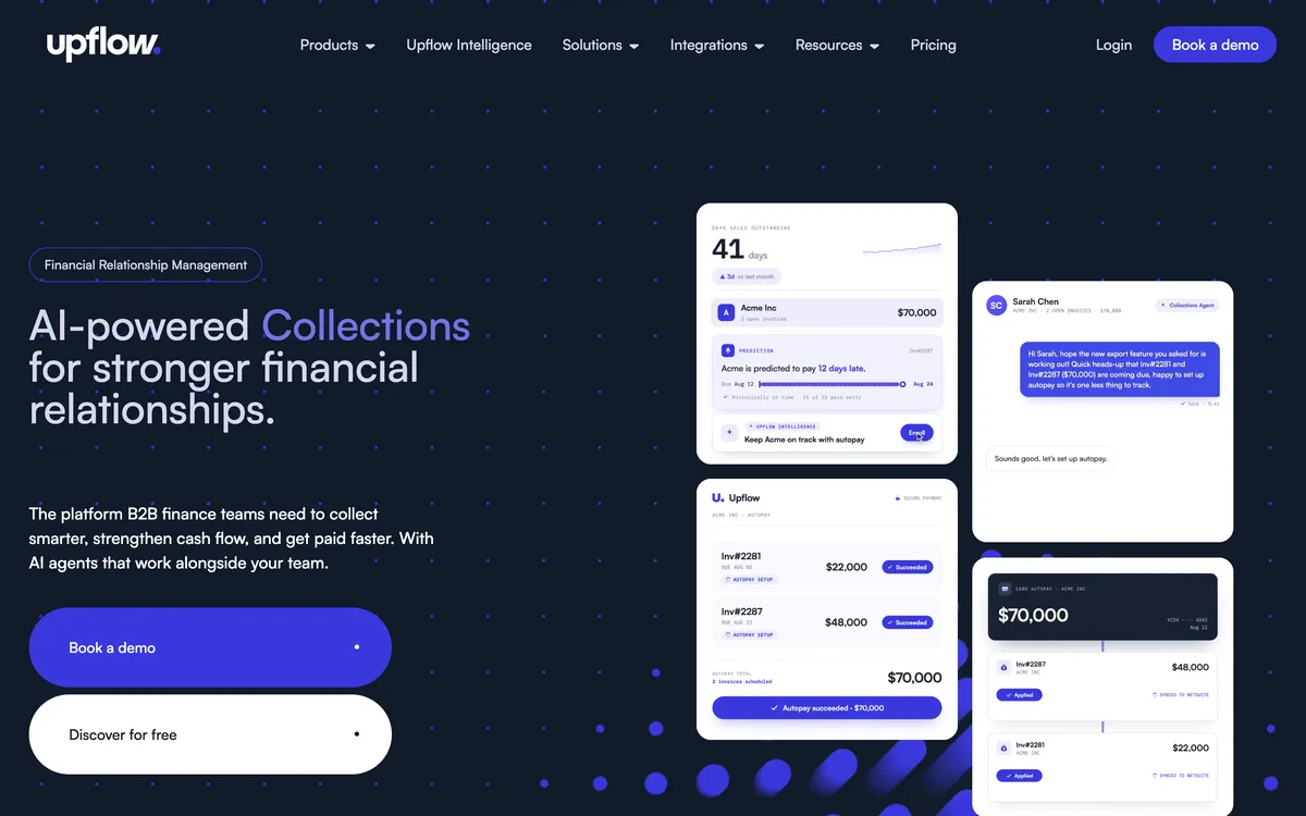 Upflow homepage headline, AI-powered AR insights for stronger financial relationships, beside sample DSO, autopay and invoice cards